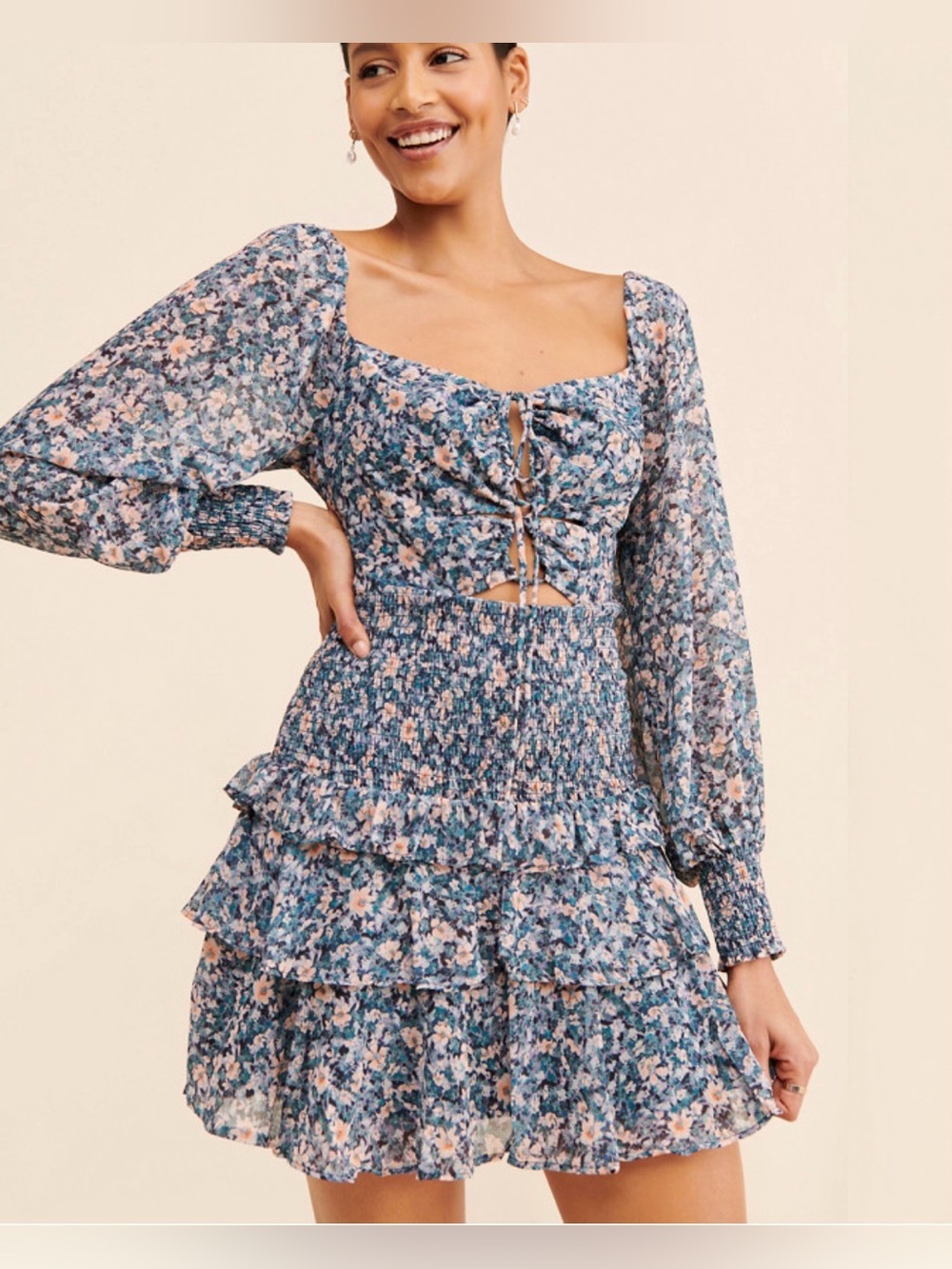 NWT ASTR The Label Marietta Mini Dress Smocked Ruffles Floral Cutout Medium